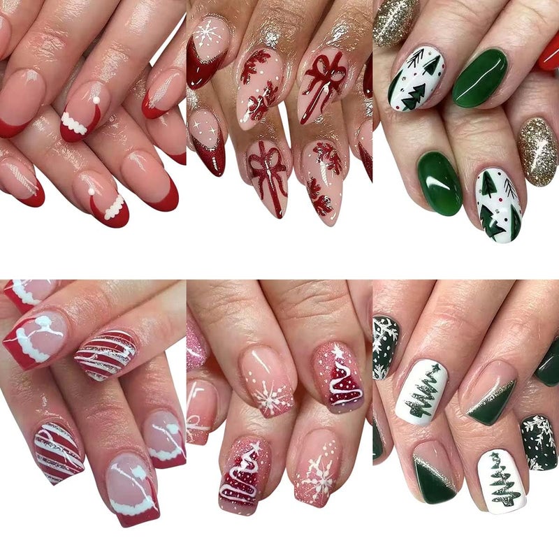 CTTHNBD 6 Packs (144 Pcs) Christmas Press on Nails Almond, Short Square Press on Nails, with Christmas Tree Snowflake Design Red Green Fake Nails for Women - 12 Sizes, 6 Styles - Image 1